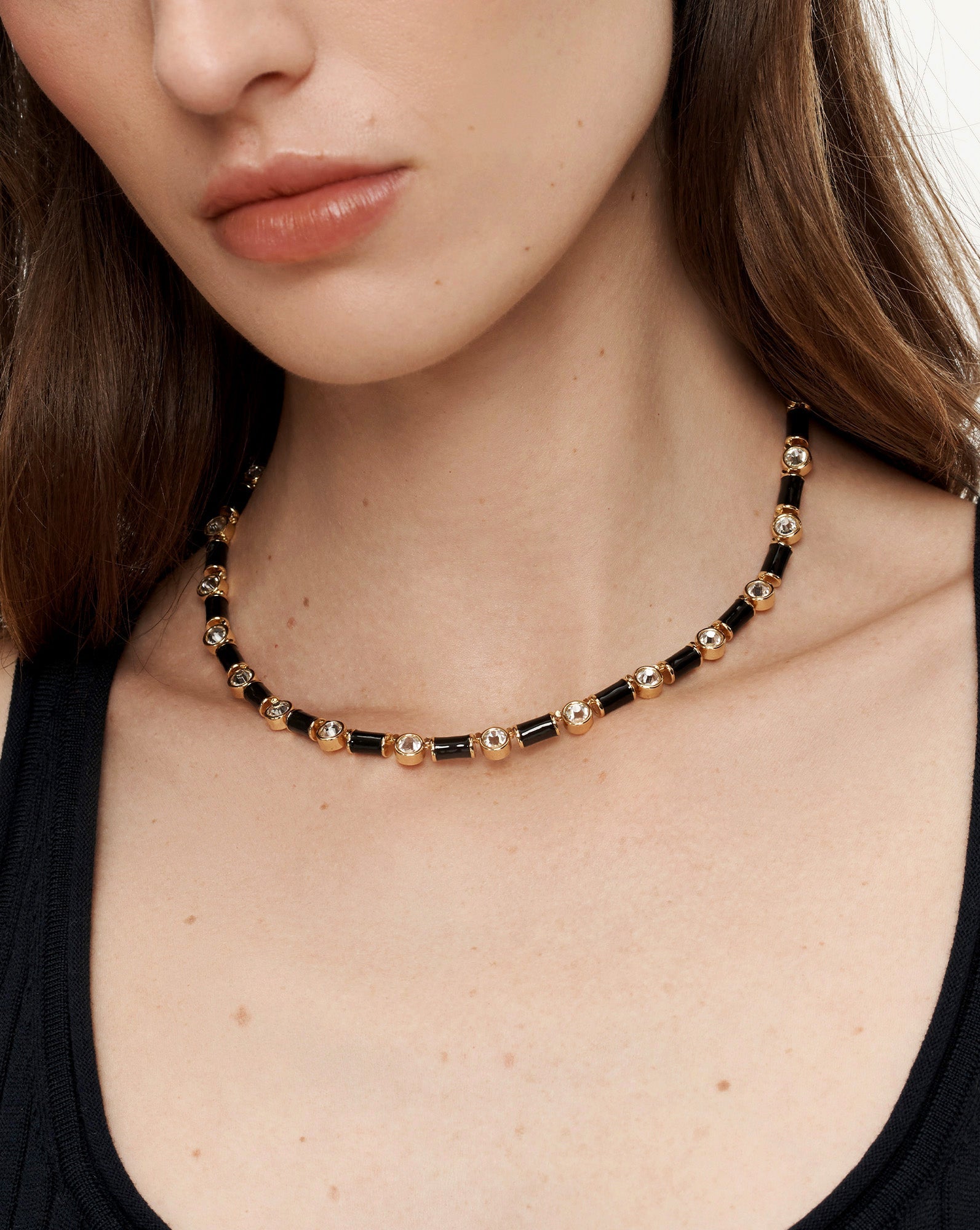 Black Enamel and Crystal Barrel Necklace