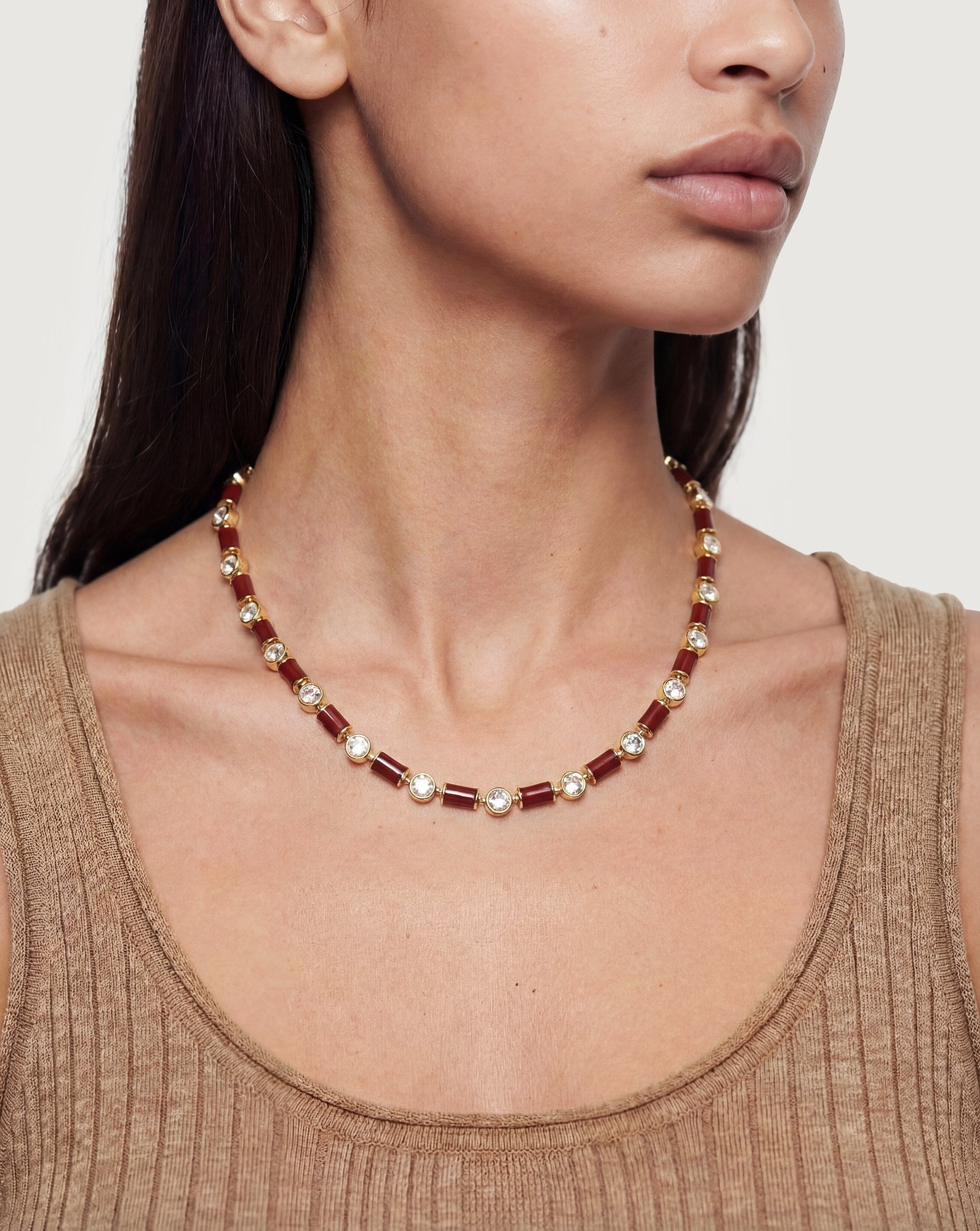 Burgundy Enamel and Crystal Barrel Necklace
